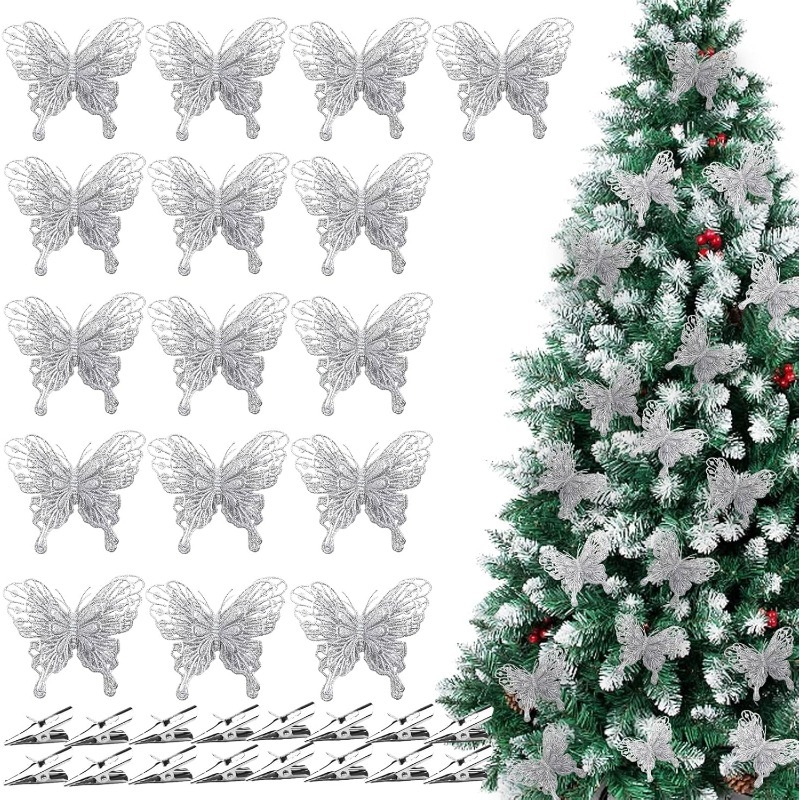 Christmas Wreath Fake - Srebrne brokatowe ażurowe spinki w kształcie